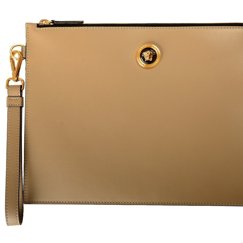 Versace Unisex Taupe Beige 100% Leather Wristlet Handbag Clutch Bag
